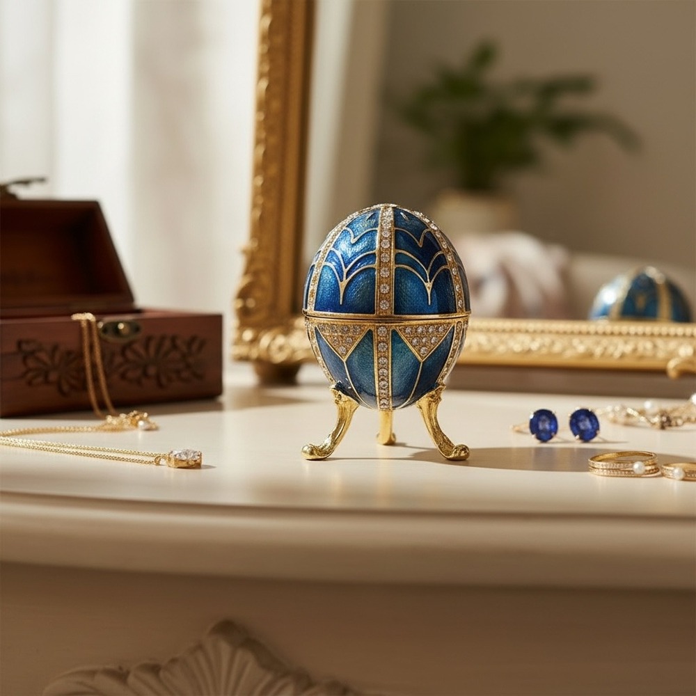 Imperial Fabergé Style Royal Blue Enamel Jeweled Egg Trinket Box Gold Footed 3"